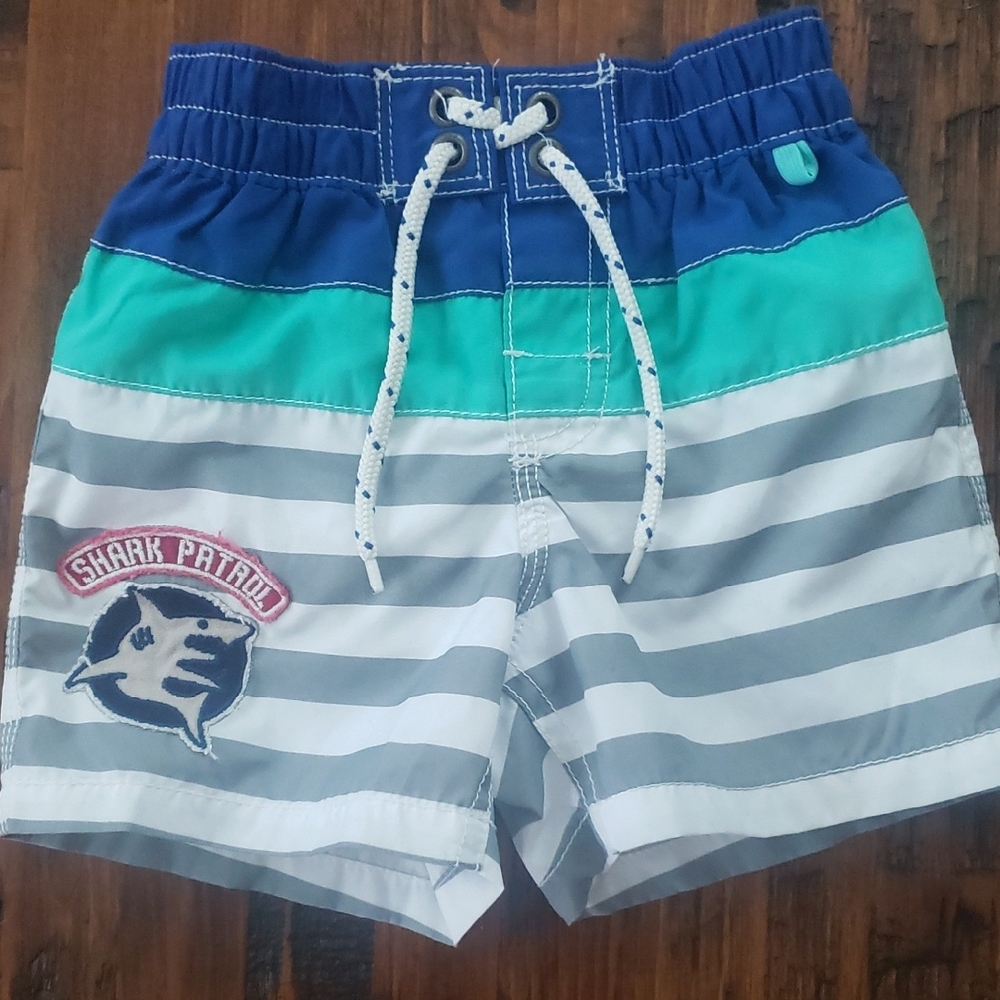 Baby Gap Blue & Gray Striped Shark Patrol Swim Shorts Size 12-18M